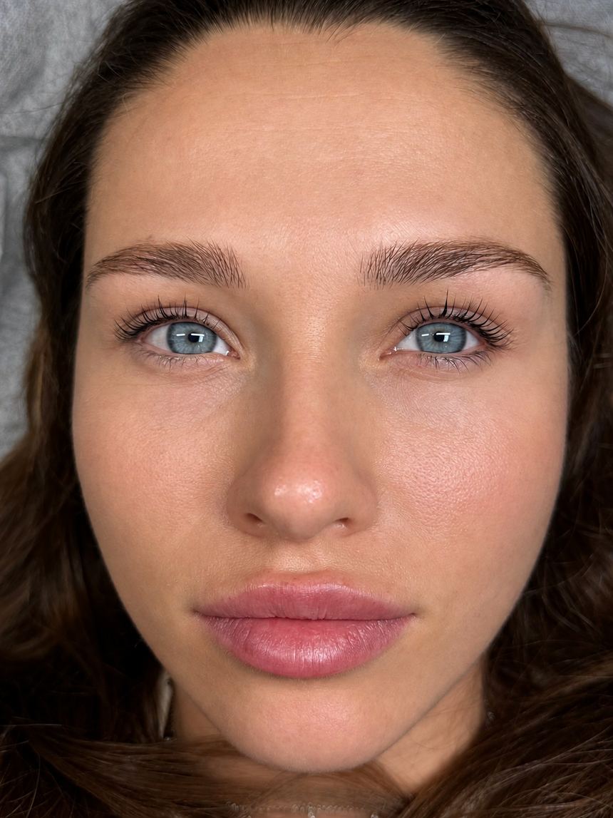 Face with lifted lashes and laminated brows
