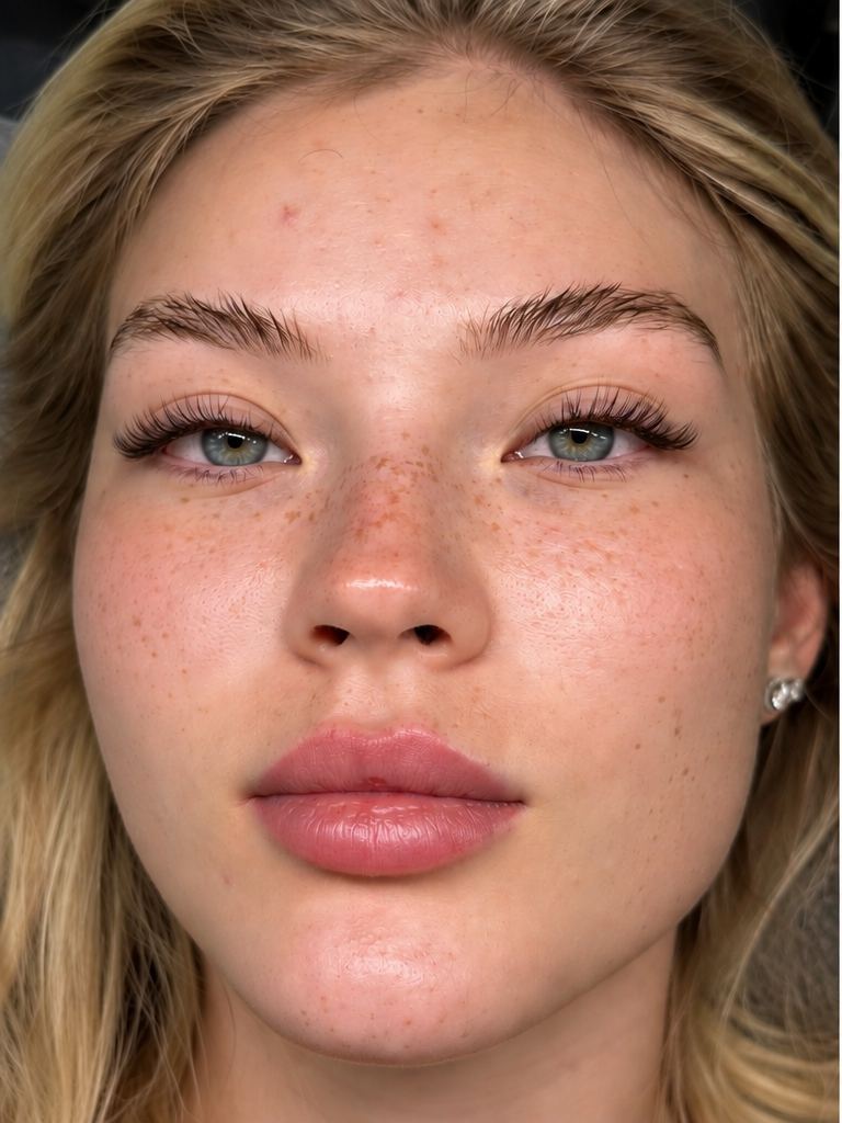 Freckled face with lash extensions